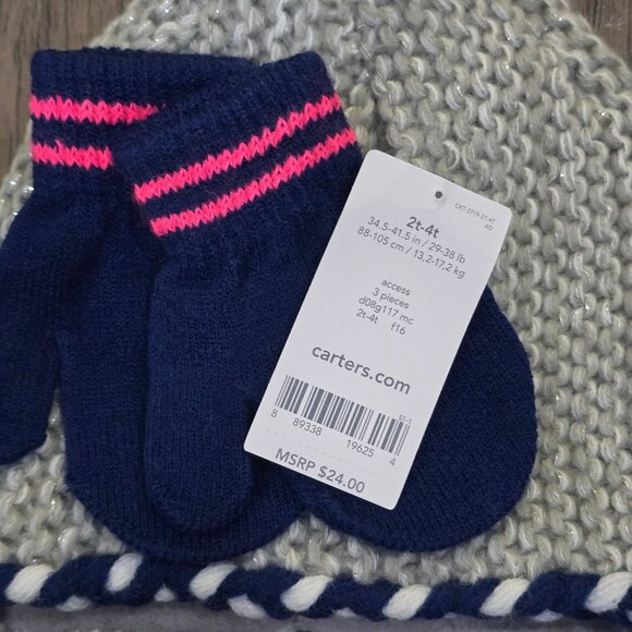 Carter’s ✦ Toddler Knit Hat & Mittens Set ✦ Pom & Tassels Gray/Navy 2T-4T NWT - Picture 6 of 8